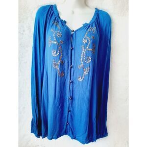 Code Bleu embellished XL blue button front blouse